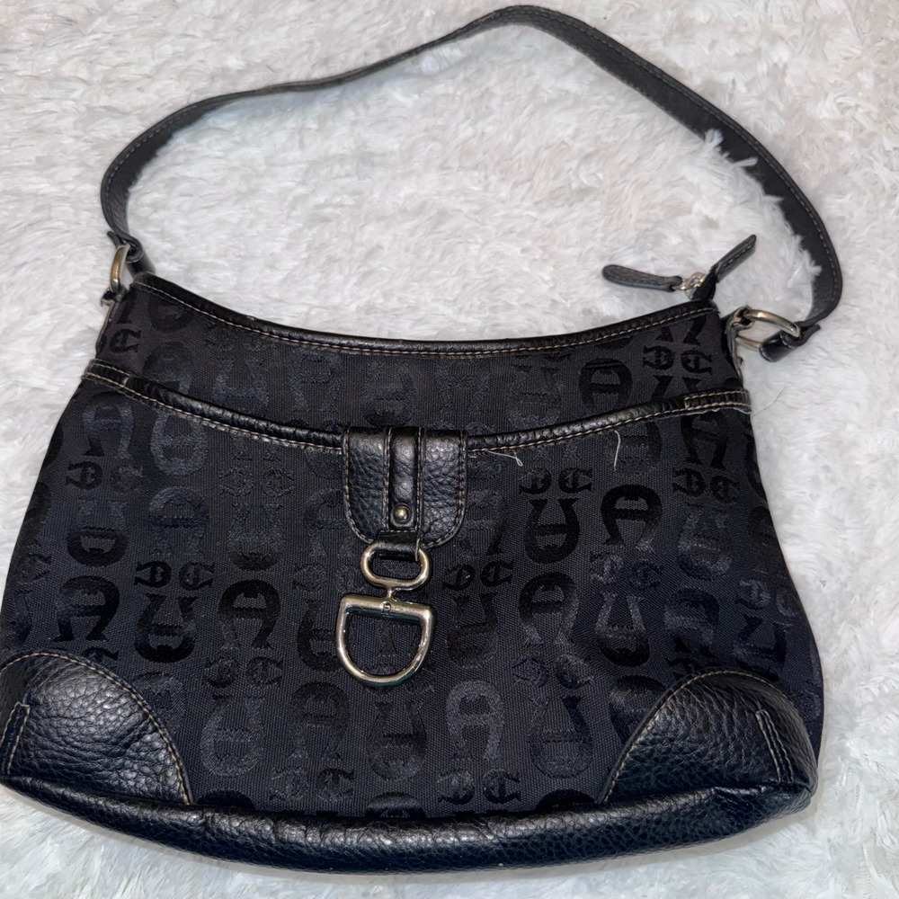 Etienne Aigner Shoulder Bag Women Small Black Good Monogram Jacquard Leather Y2K